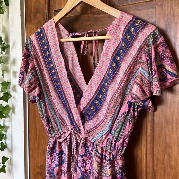 SILK Blend Bohemian Boho Tie Neck Pink Paisley Midi Dress - Picture 2 of 10